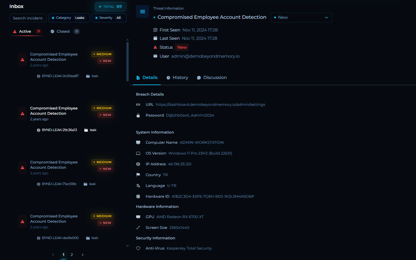 BeyondMemory CTI Incidents paneli — aktif olay listesi ve breach detayları